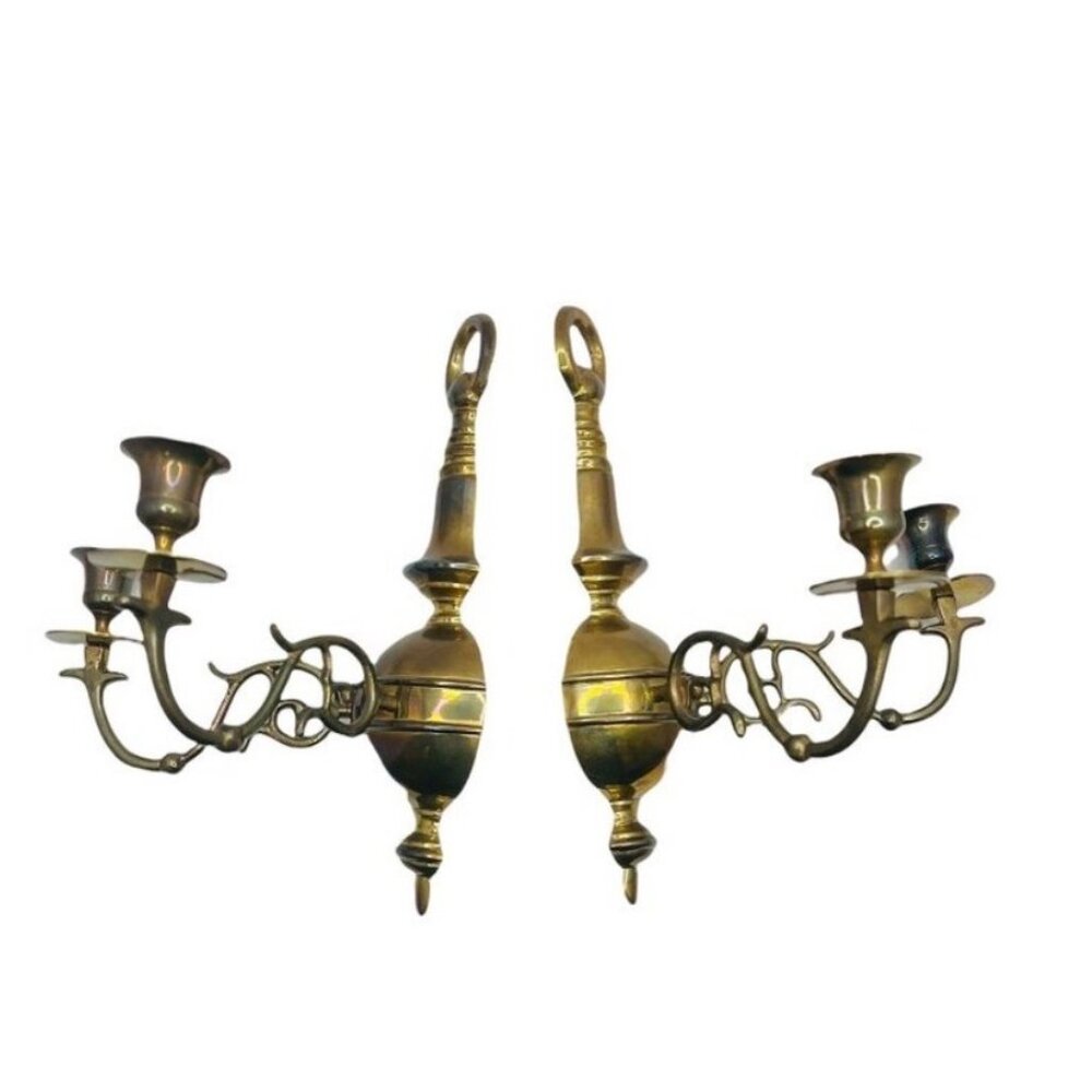 Pair of Vintage Gilt MetalBrass Double Handle Sconces Wall Mount Made in India - Picture 11 of 16
